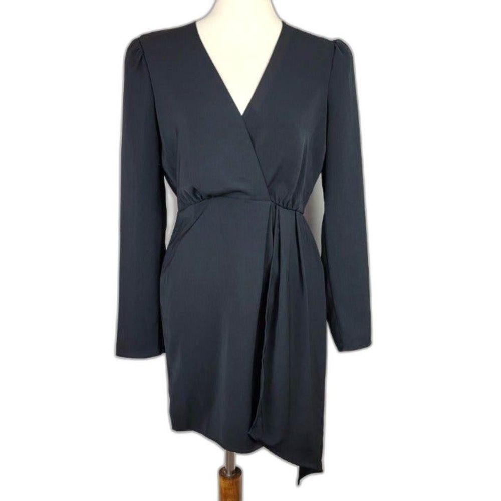 WAYF Black V Neck Drape Asymmetrical Knee Long Sleeves Classic Dress Size M